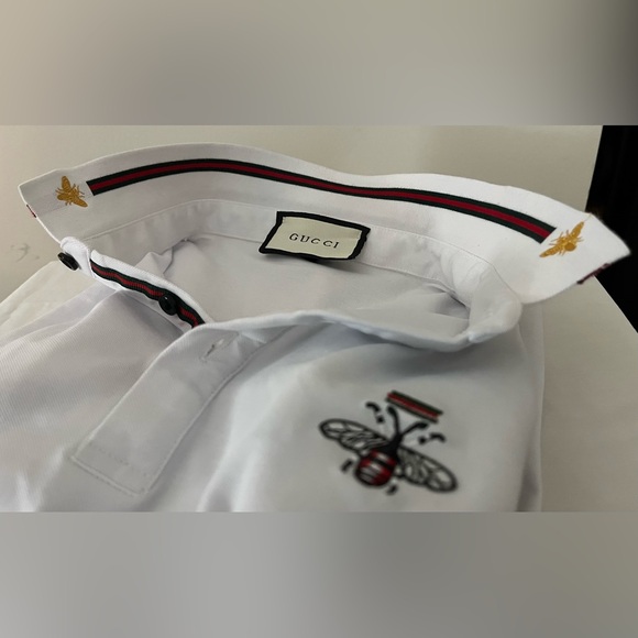GUCCI Men’s Classic Style White Cotton Polo Shirt Embroidered Bee/Logo; Size XXL - Picture 8 of 12